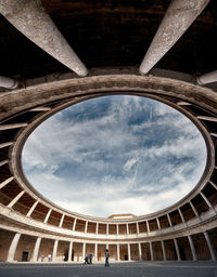 Low angle view of sky seen through ceiling of historical building