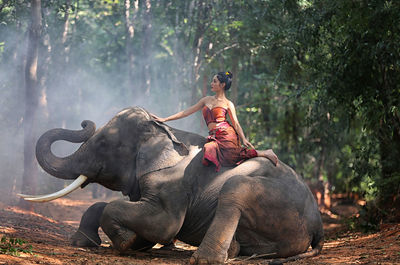 Full length of woman riding elephant on land