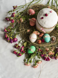 High angle view of easter food and decoration table