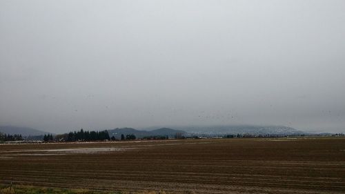 Idyllic shot of landscape against sky in foggy weather