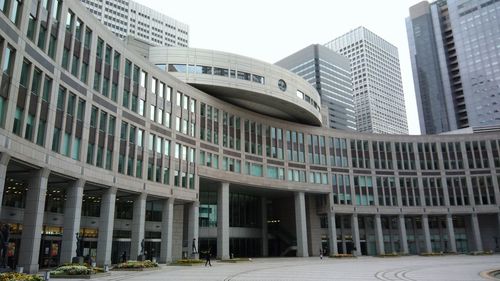 Low angle view of modern buildings against clear sky