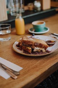 High angle view of breakfast served on table