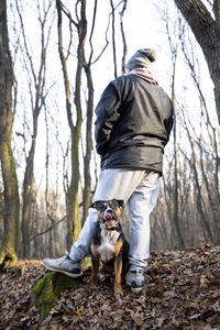 Low section of man with dog in forest