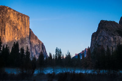 Low angle view of trees on mountain against blue sky