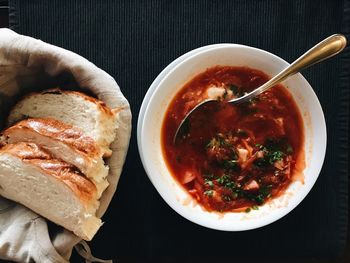 High angle view of soup in bowl on table