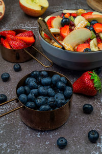 High angle view of fruit assortment on table