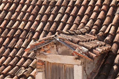 Low angle view of old roof tiles