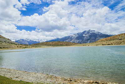 Scenic view of lake and mountains against sky