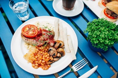 High angle view of food in plate on table