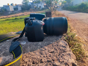 Close-up of camera on field