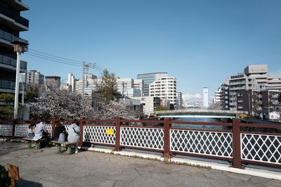 People watching cherry blossoms from a bridge over a river in a japanese city