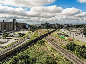 High angle view of railroad tracks against sky