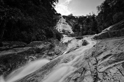 Scenic view of waterfall against sky