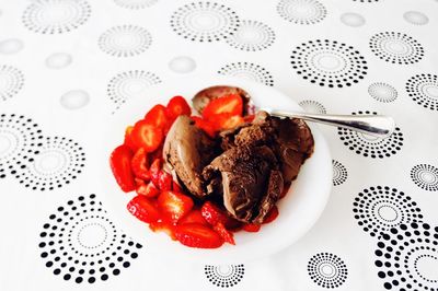 High angle view of dessert in plate on table