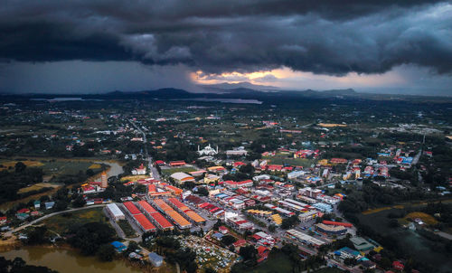 High angle shot of townscape against sky