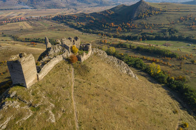 Aerial view of the medieval fortress of coltesti, torockoszentgyorgy. transylvania, romania