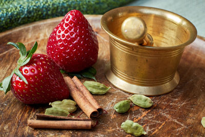 Close-up of strawberries on table