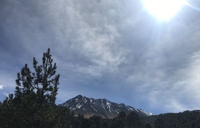 Low angle view of snowcapped mountains against sky