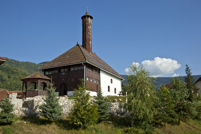 View of trees and buildings against blue sky