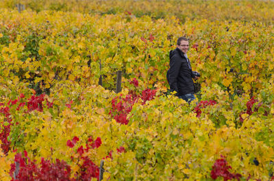 Portrait of smiling man walking amidst plants at farm