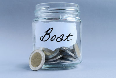 Close-up of coins on glass against white background