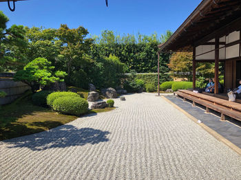 Footpath amidst trees in garden against clear sky