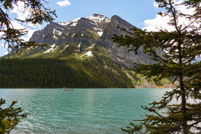 Scenic view of lake and mountains against sky