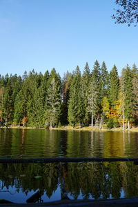 Scenic view of lake against clear blue sky