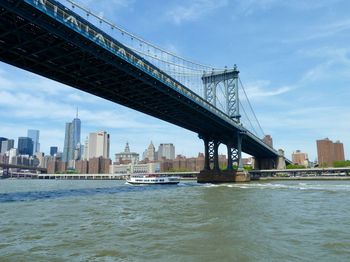 Bridge over river by city against sky