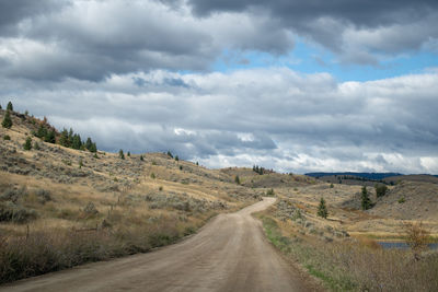 Dirt road amidst landscape against sky