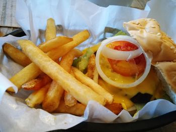 Close-up of burger and fries