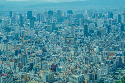 High angle view of modern buildings in city