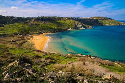 Scenic view of bay against sky