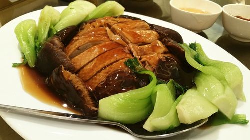 Close-up of served food in plate