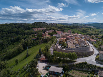 High angle view of buildings against sky