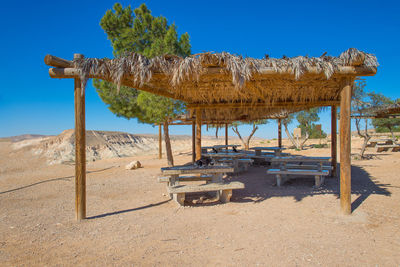 Lifeguard hut on beach against clear blue sky