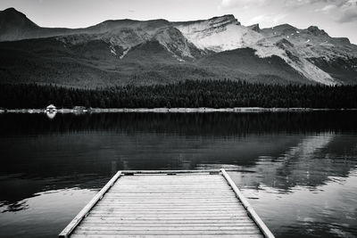 Scenic view of lake by mountains against sky