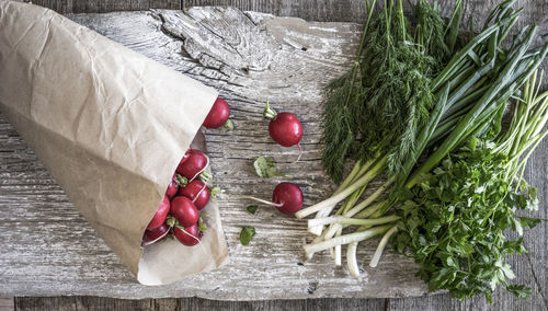 Directly above shot of various vegetables on wooden table