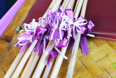 High angle view of pink flowers on table