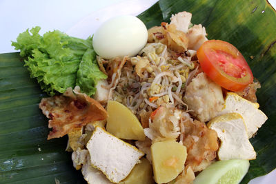 High angle view of chopped vegetables in plate