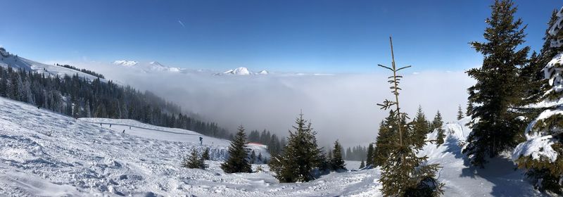 Scenic view of snow covered mountains against sky