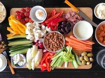 High angle view of fruits and vegetables on table