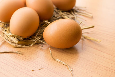 High angle view of eggs on table