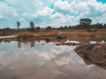 Scenic view of lake against cloudy sky