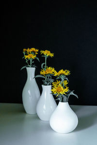 Close-up of white flower vase on table against black background