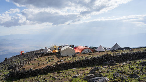 Tent camp site located on the mountain for mountaineers, mount ararat in turkey