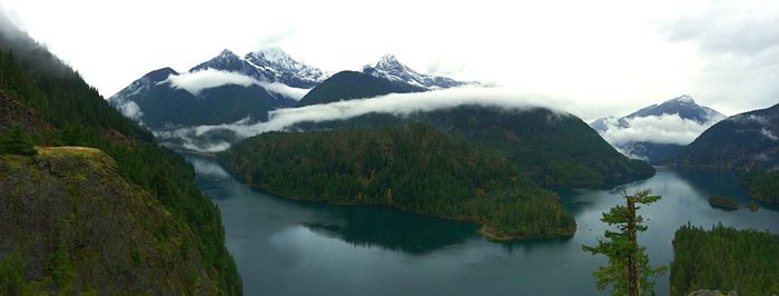 Scenic view of lake with mountains in background