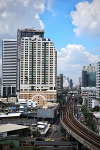 High angle view of buildings against sky