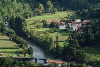 High angle view of houses on field