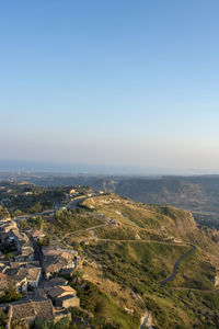 High angle shot of townscape against clear sky